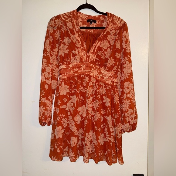 LULU’s Rust Orange Floral Print Long Sleeve Mini Dress SIZE: SMALL - Picture 6 of 14